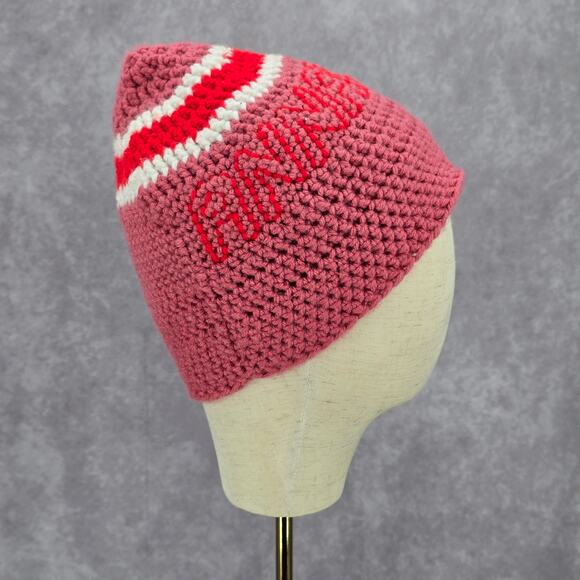 Pink Red Annabelle Crochet Knit Bucket Cap Hat Fun VTG Y2K Funky Beanie - Picture 1 of 4